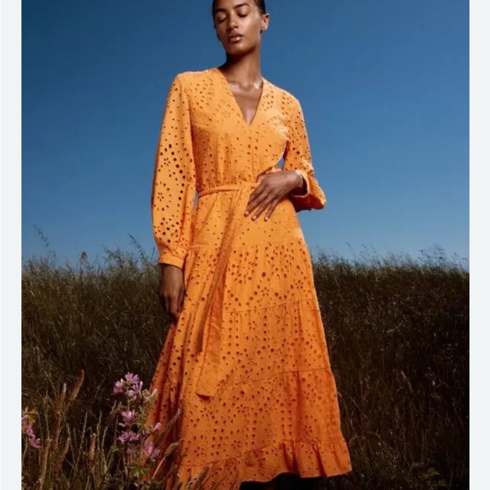 Zara Vibrant Orange Long Sleeve Eyelet Dress - Picture 6 of 6